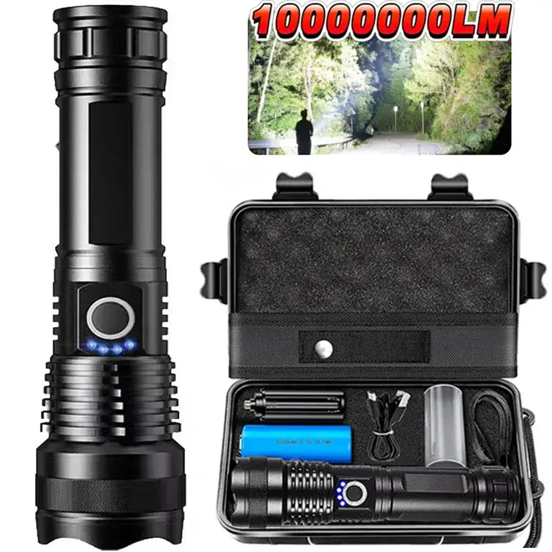 Lanterna tática led recarregável de alta potência, liga de alumínio, zoom telescópico, lâmpada para acampamento ao ar livre, pesca
