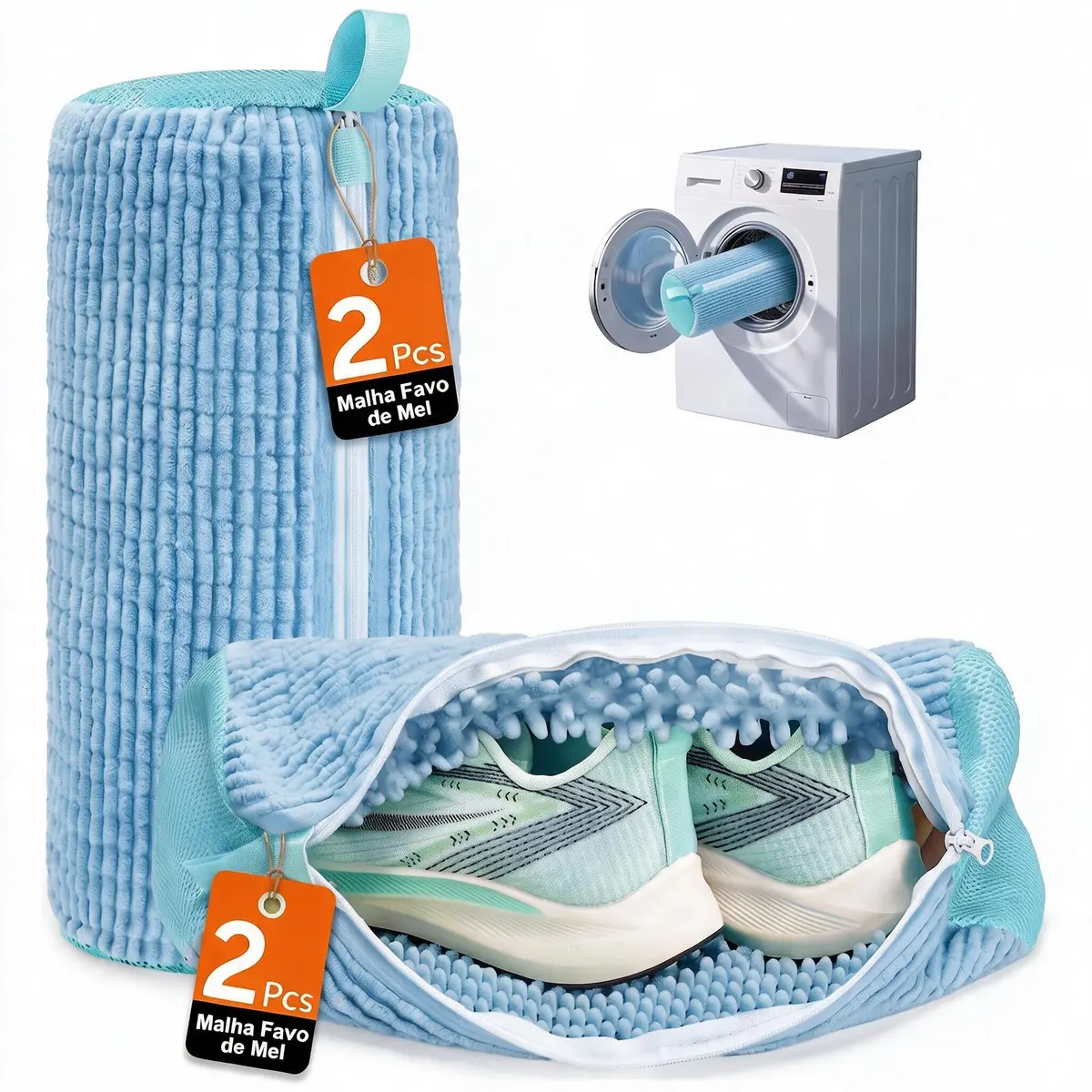 Saco para Lavar Tênis Kit com 2 Unidades (Azul) | Saco Reutilizável para Máquina de Lavar, Kit 2 Unidades, Limpeza 360°, Todos os Modelos de Calçados