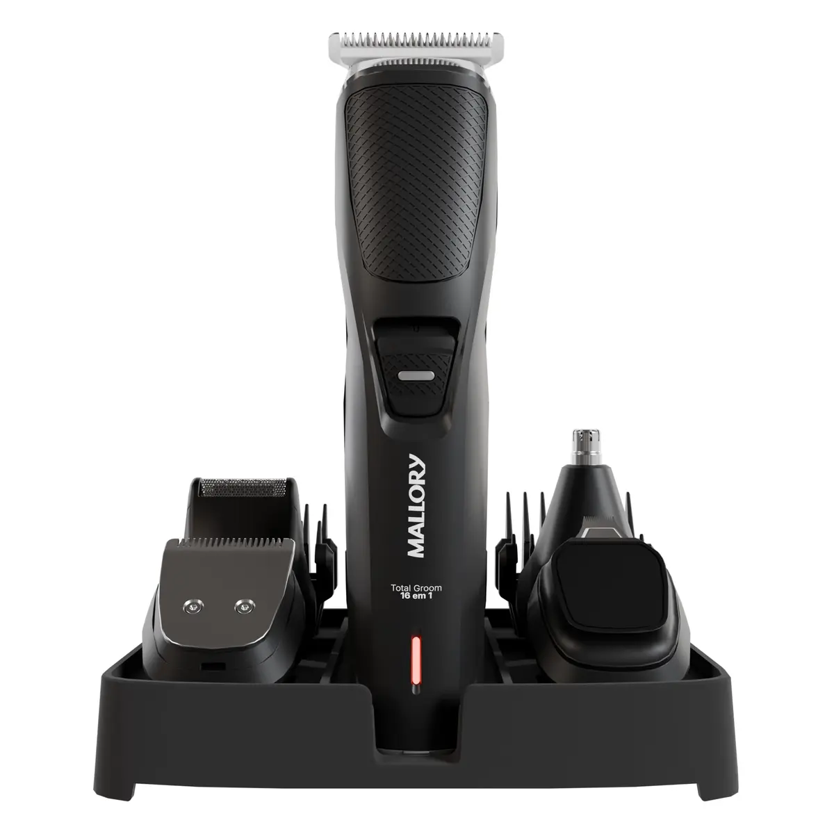 Aparador de Pelos Mallory Total Groom – 16 em 1, Multifuncional, Lâminas em Aço Cromo, Base Suporte e USB – Bivolt