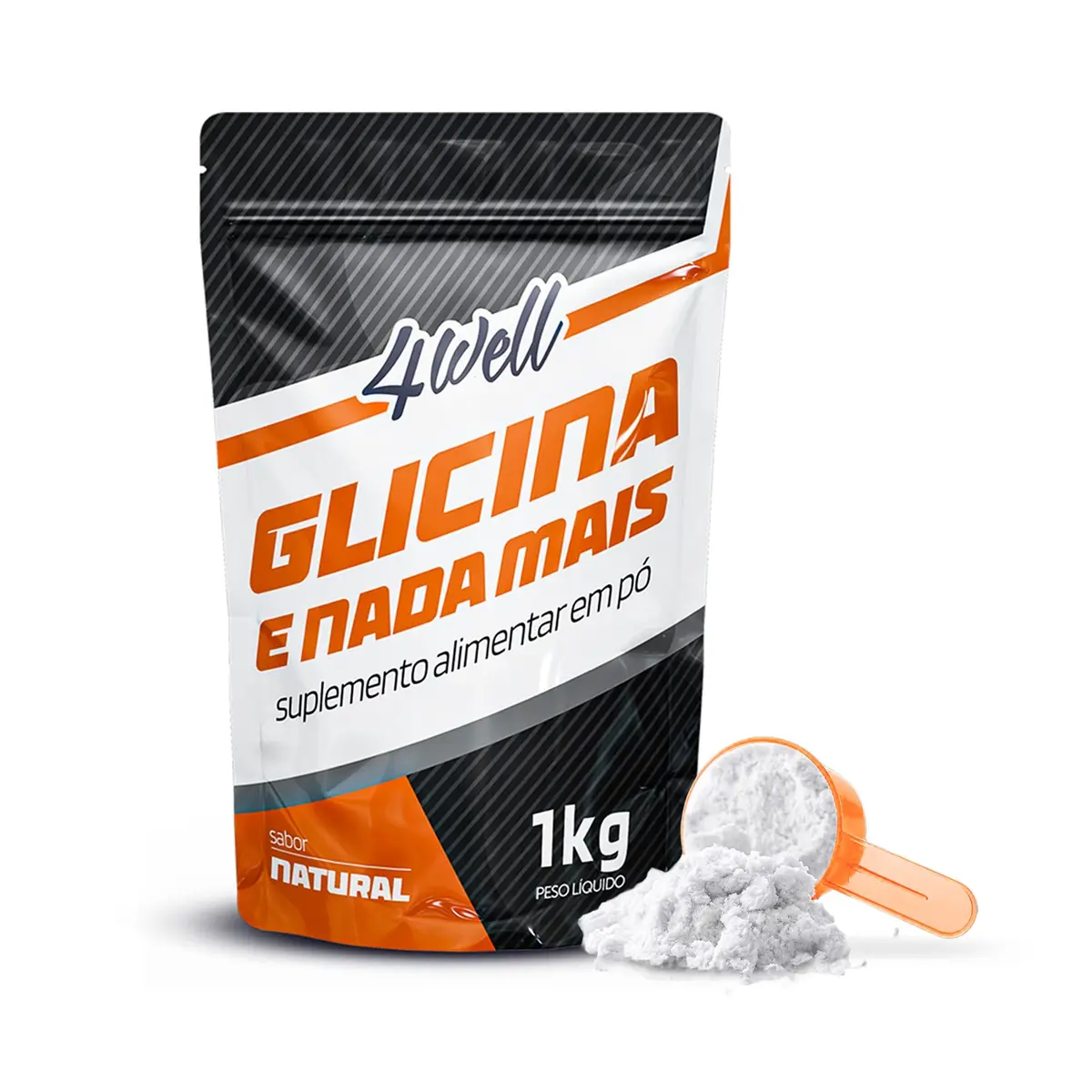 Glicina 1kg Suplemento em Pó Sem Sabor 4Well | Glicina 100% pura em pó, embalagem de 1kg, sem aditivos, fórmula limpa e dosador incluso.