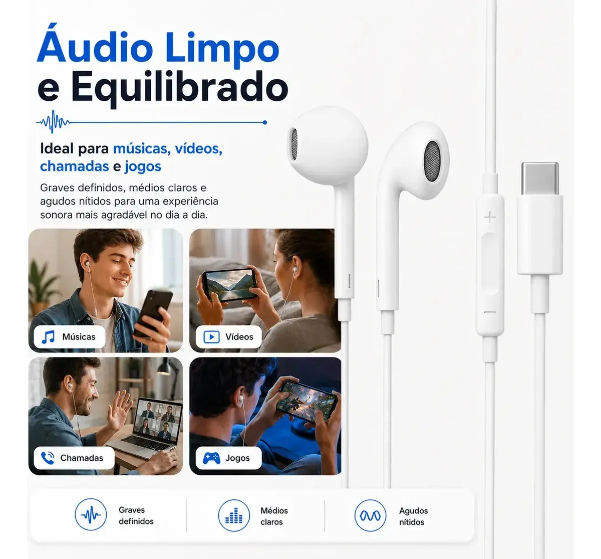 Fones De Ouvido Usb-c Tipo C Com Microfone Integrado Som Estéreo Alta Qualidade Controle De Chamadas Compatível Com iPhone 15 16 17 Android Samsung Xiaomi Motorola Conexão Direta Premium Eletric Teck thumbnail 5