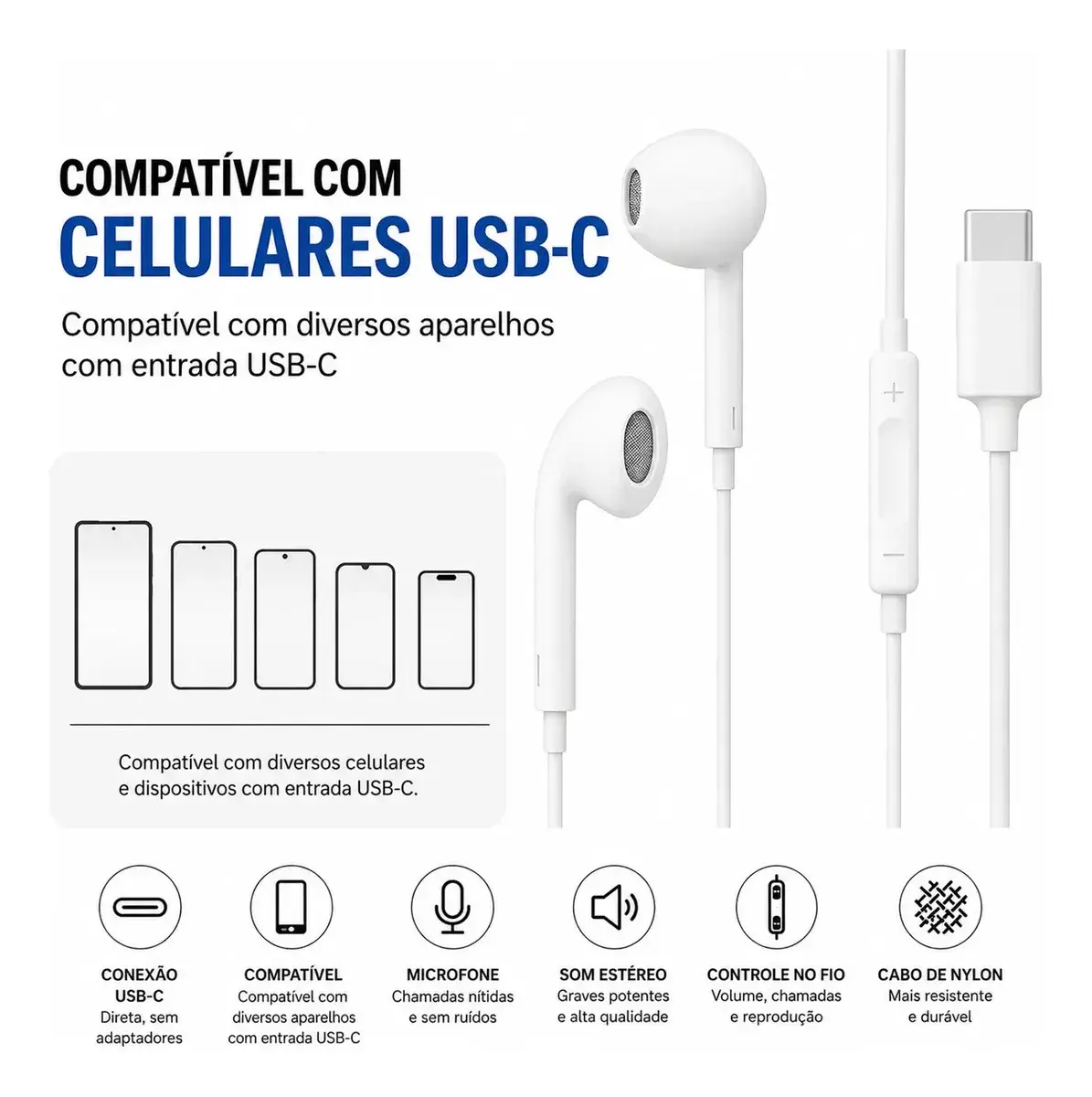 Fones De Ouvido Usb-c Tipo C Com Microfone Integrado Som Estéreo Alta Qualidade Controle De Chamadas Compatível Com iPhone 15 16 17 Android Samsung Xiaomi Motorola Conexão Direta Premium Eletric Teck thumbnail 6