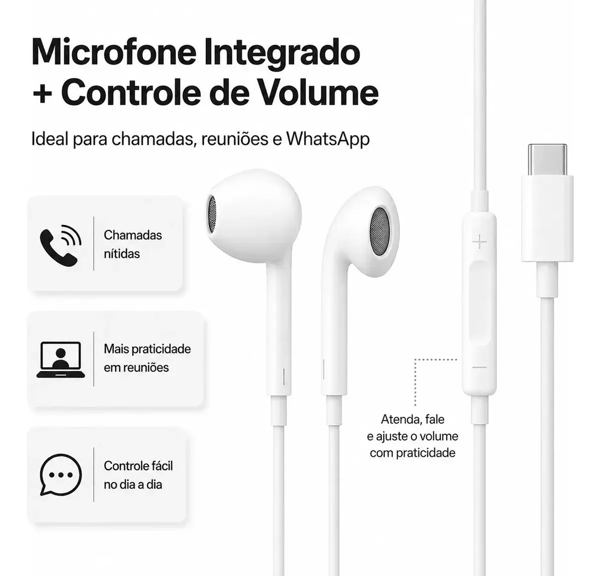 Fones De Ouvido Usb-c Tipo C Com Microfone Integrado Som Estéreo Alta Qualidade Controle De Chamadas Compatível Com iPhone 15 16 17 Android Samsung Xiaomi Motorola Conexão Direta Premium Eletric Teck thumbnail 7
