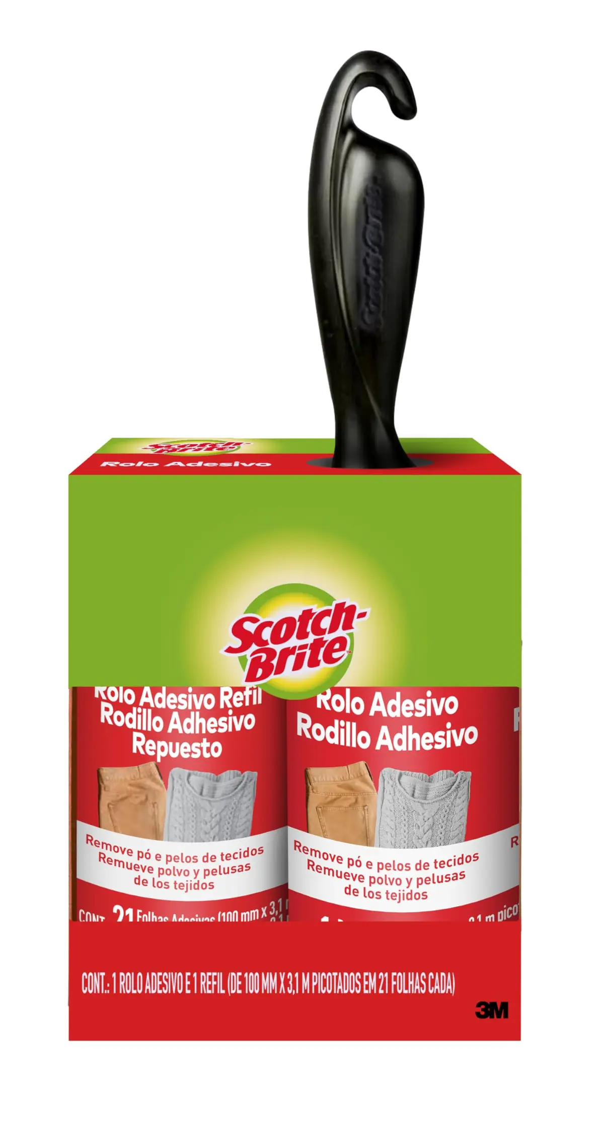 SCOTCH-BRITE 3M Rolo Adesivo Tira Pelos 21 Folhas com Aplicador e Refil | Remove pó e pelos de roupas sem danificar, Cabo reutilizável com folhas destacáveis, Prático e eficiente