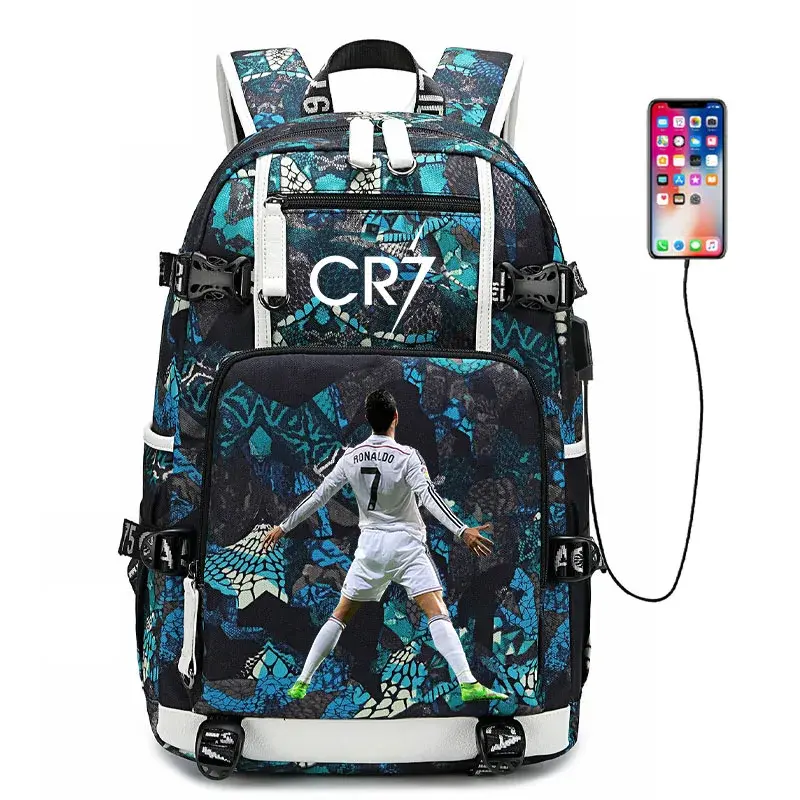 Mochila de futebol Cristiano Ronaldo com carregamento USB, mochila escolar, bolsa de viagem para notebook, presente