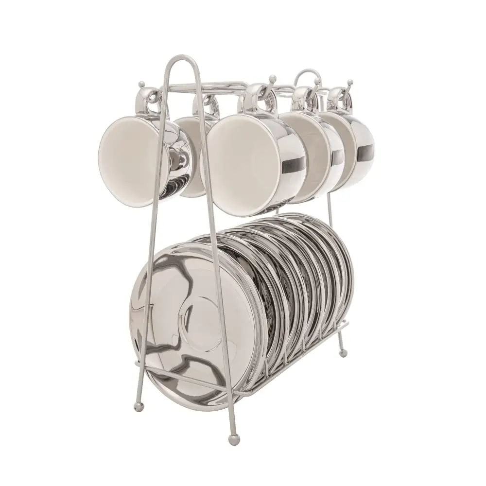 WOLFF - Conjunto 6 Xícaras de Café com Pires de Porcelana e Suporte Versa Prata/Branco 90ml