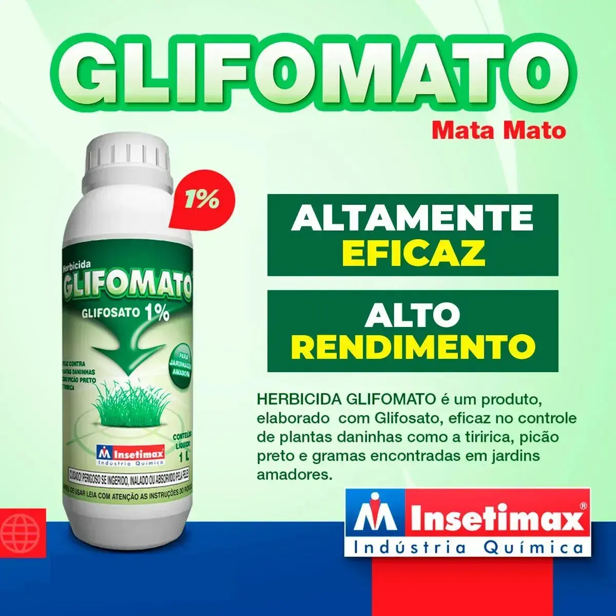 Herbicida Mata Mato Glifosato 1% Líquido 1L - Glifomato Insetimax - 1