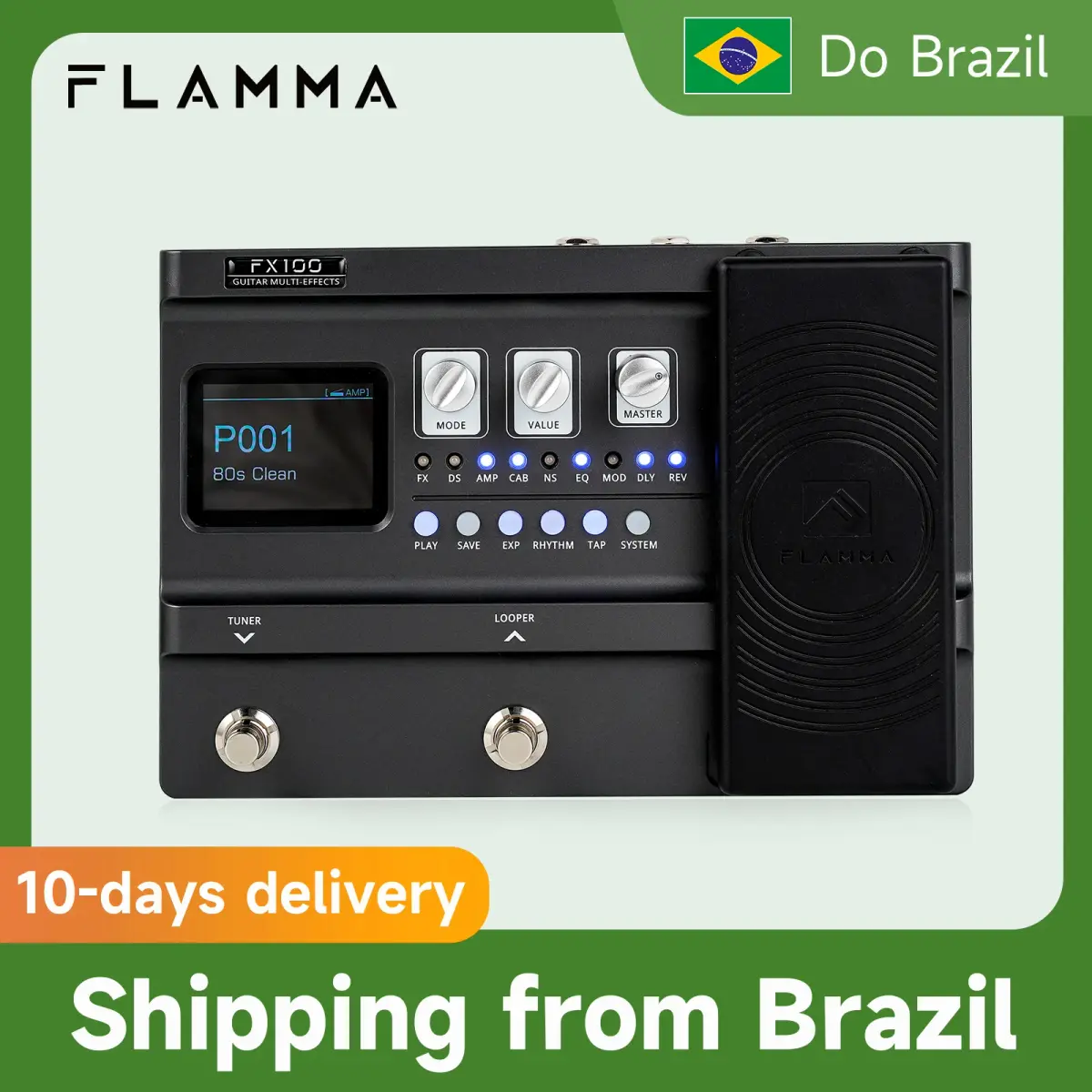 Pedal de Guitarra FLAMMA FX100 com Processador de Múltiplos Efeitos, 151 Efeitos, 200 Presets, Looper de 80s, 55 Modelagens de Amplificadores e Pedal de Expressão