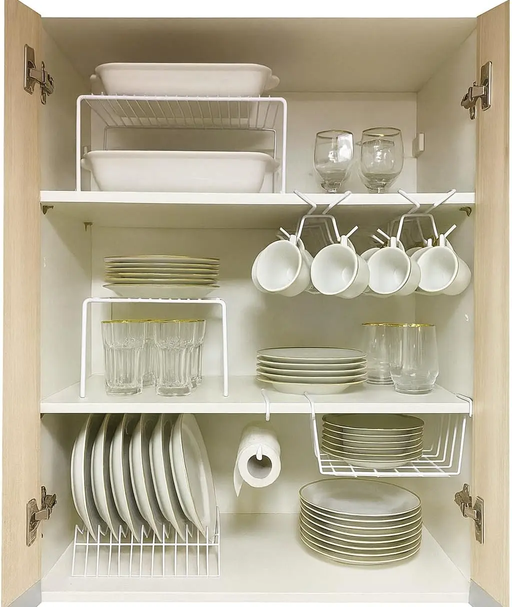 Kit Organizador de Armário Aramado de Cozinha Suporte de Prato Xícara Cesto 7 Peças Branco Pliar