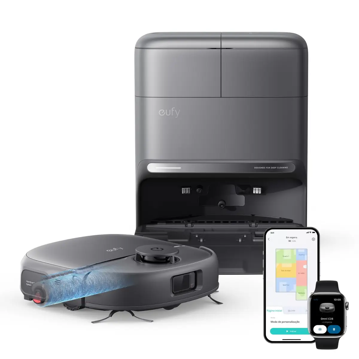eufy C28 Robô Aspirador e Passa Pano, Rolo Esfregão Autolimpante em Tempo Real, 30 cm Cabelo 0 Enrolados, Estação de Lava e Seca com Alta Temperatura, Evita Obstáculos com IA e LiDAR, 15000 Pa, 127V