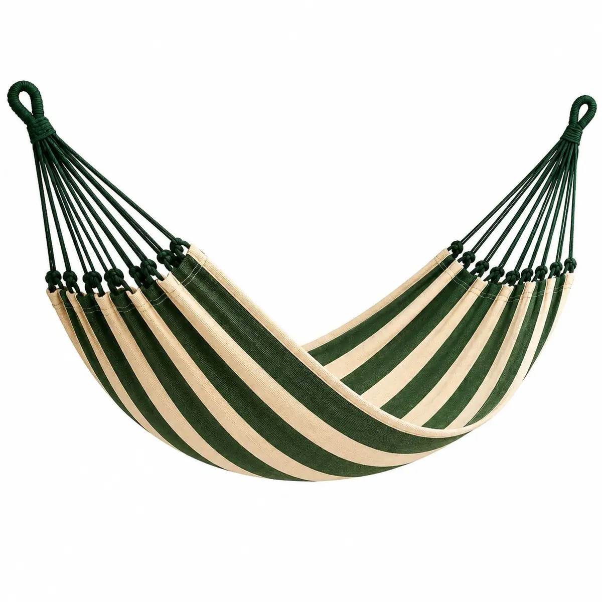 Rede de Descanso Casal Grande 3,90m x 1,50m 100% Algodão Suporta 200kg Listrada Verde Musgo e Bege para Varanda, Jardim, Área de Lazer, Sítio, Chácara, Casa de Campo e Ambientes Internos