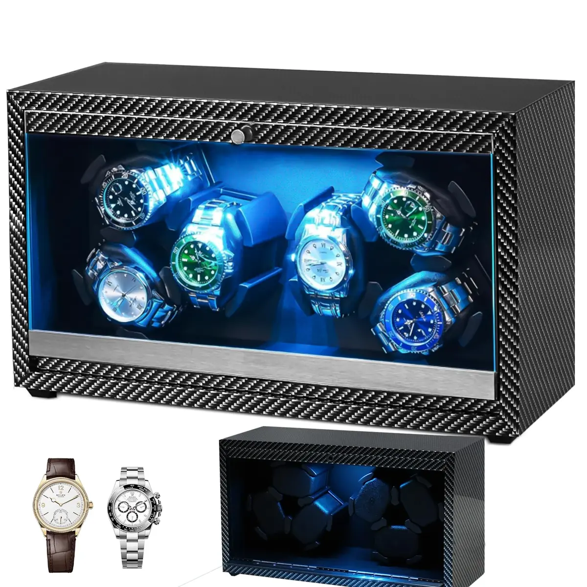 Enrolador de Relógio para 6 Relógios Automáticos, Caixa Automática de Relógios, Caixa Giratória de Relógio Automática com Luz LED, Caixa Giratória de Relógio Mecânico