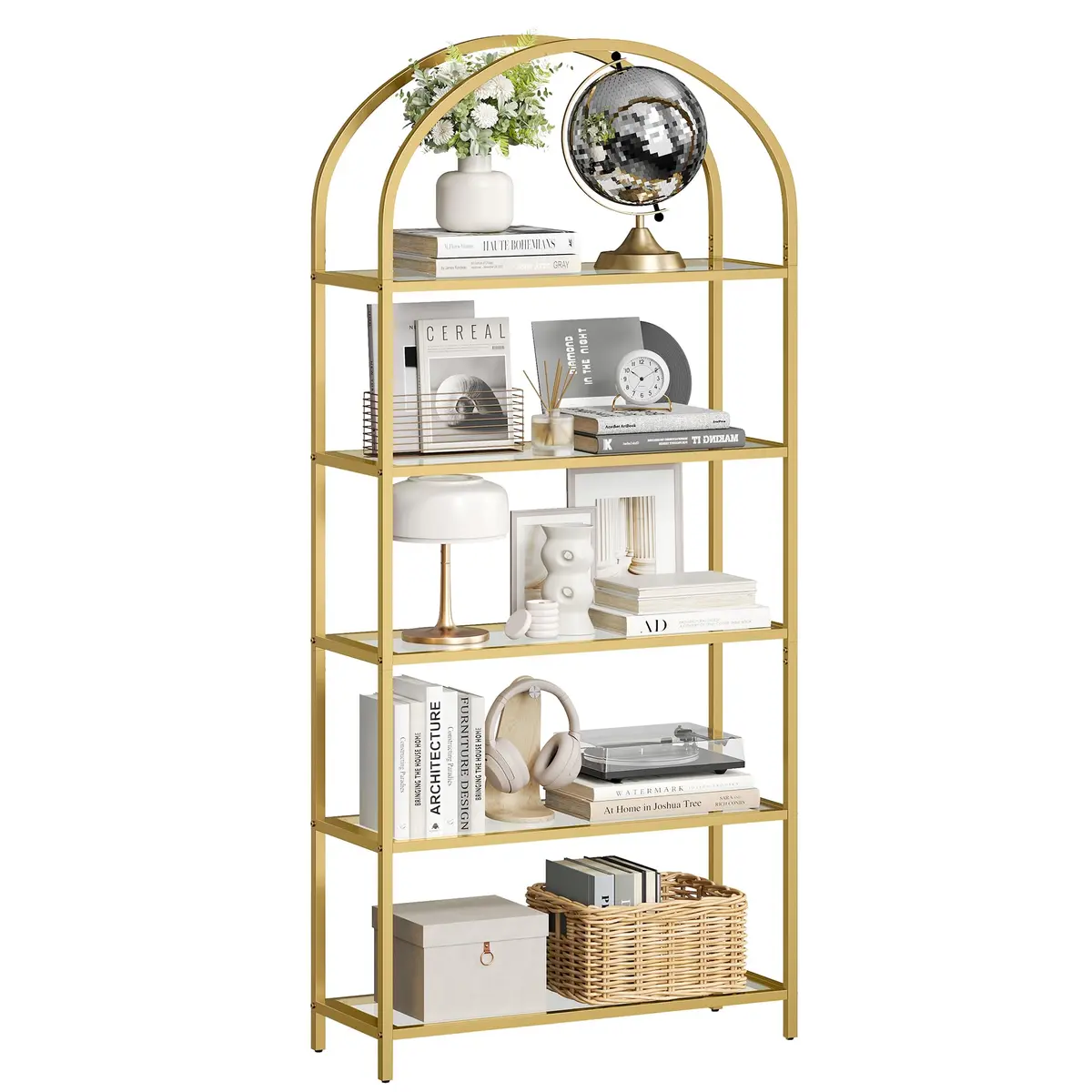 VASAGLE Estante para Livros, Design Arqueado, 5 Níveis, Vidro Temperado e Aço, Transparente e Dourado