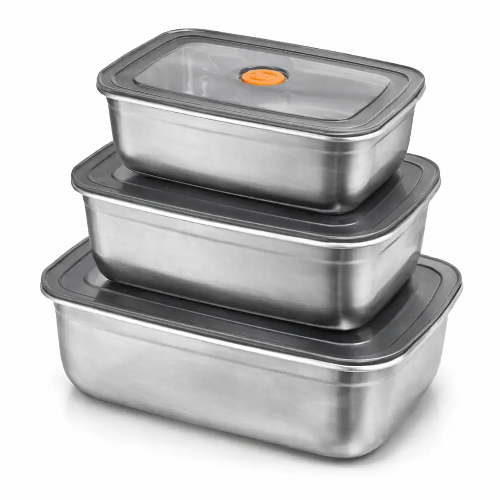 Kit 3 Potes Herméticos de Aço Inox com Tampa 500ml, 850ml e 1200ml, Recipiente para Alimentos com Vedação Marmita Inox para Geladeira e Freezer