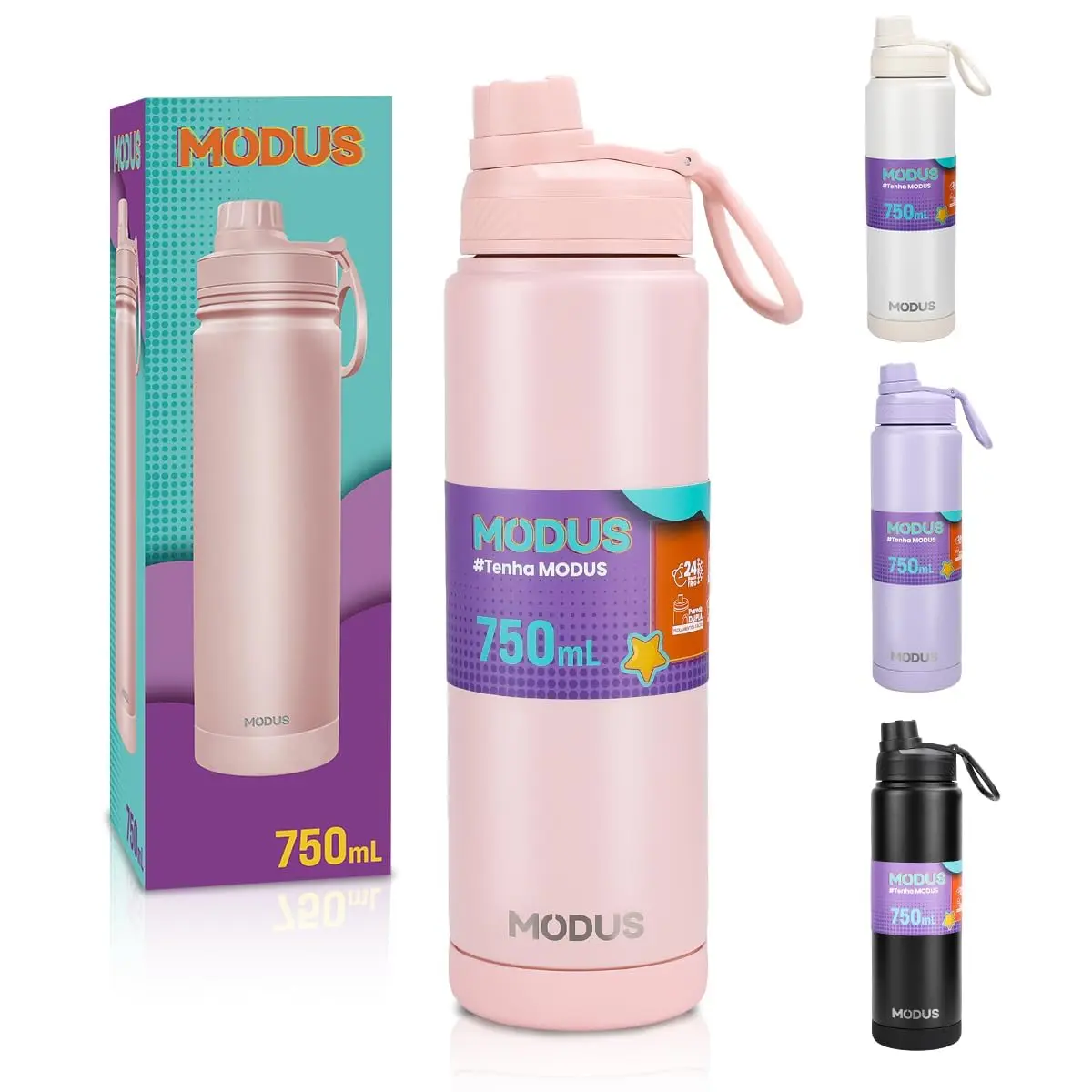MODUS 750mL Garrafa de Água Térmica Inox Isolada a Vácuo | com Base Emborrachada Anti Derrapante, Adesivo (Rosa)