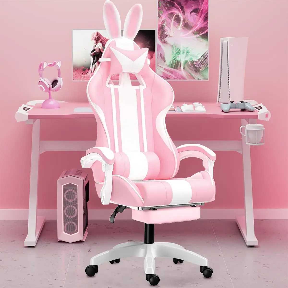 Cadeira gamer fofa com orelhas de coelho, com apoio de pés e apoio de cabeça (Rosa)