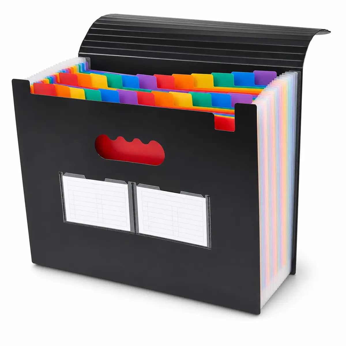 Organizador de Arquivos Sanfonado, Pasta com 25 Bolsos e Etiquetas em Branco, Pasta Expansível Desktop para Guardar Recibos, Faturas, Cupons, Provas, Folhas A4 E Cartões- Black