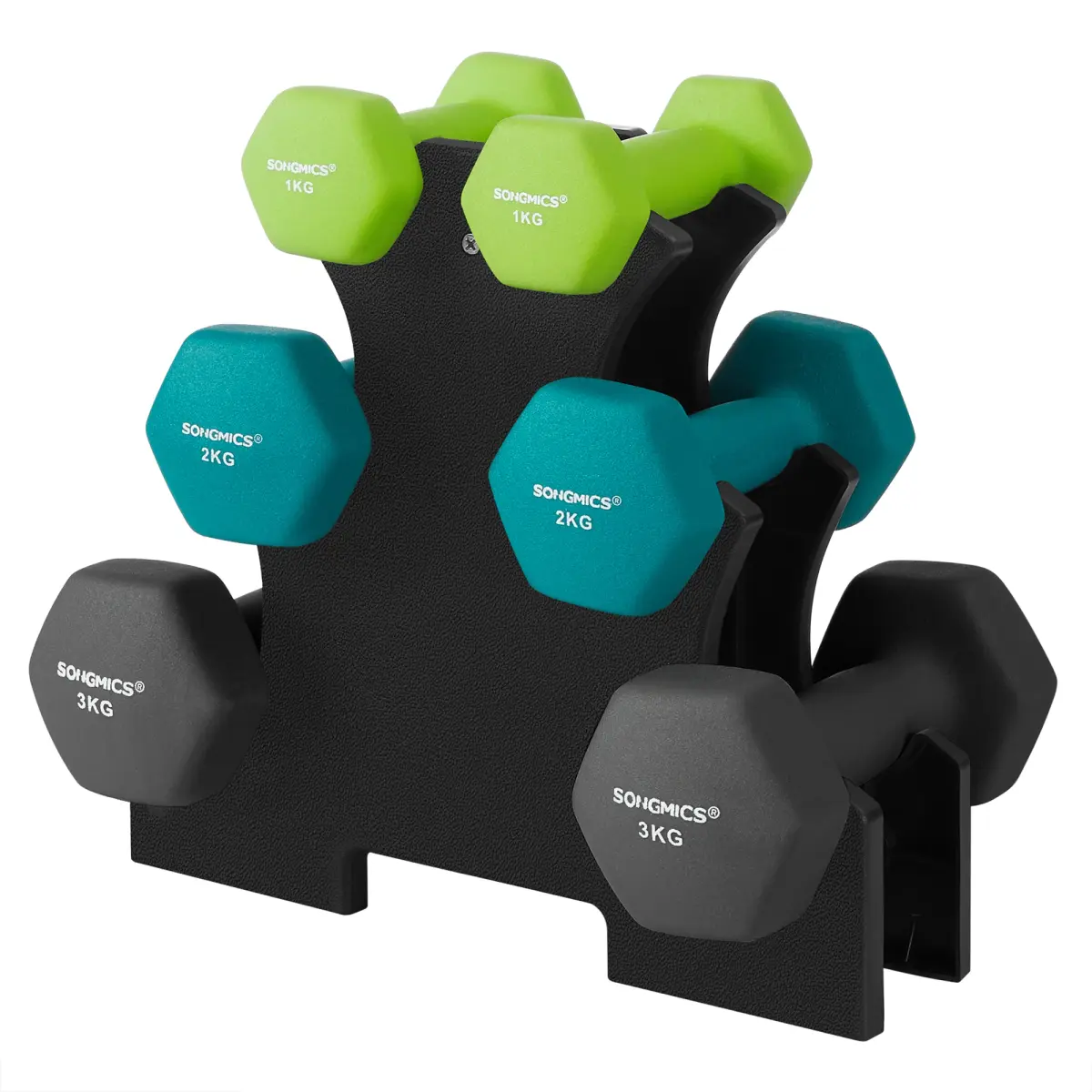 SONGMICS Dumbbell Set - 6 Pieces with Neoprene Coating, Includes 2 x 1kg, 2 x 2kg, and 2 x 3kg Weights with Storage Rack, Perfect for Home Gym Workouts, Safe Non-Slip Grip, Compact and Versatile for Effective 15-Minute Exercise Routines.