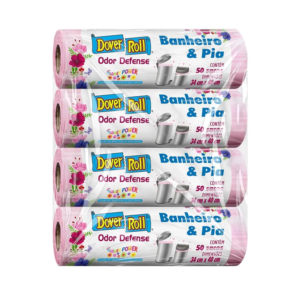 Kit com 4 unidades - Dover-Roll Odor Defense, Banheiro & Pia, rosa, Flower Power, rolo com 50 sacos/unidade