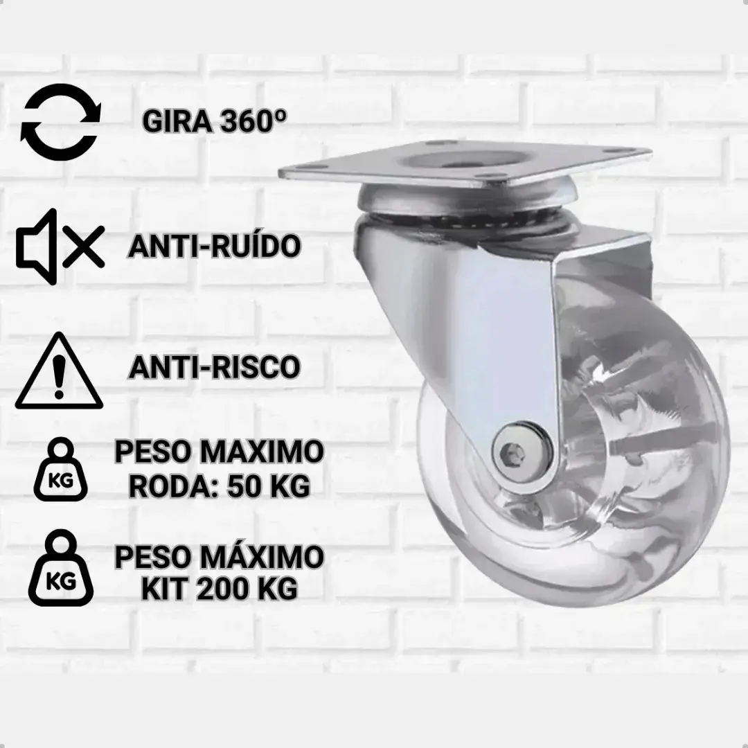 Kit 8 Rodinhas Para Moveis Rodízio Roda HD 50mm Silicone Reforçada Giratória Com Trava 2 Polegadas Com Placa E Freio Gel thumbnail 3