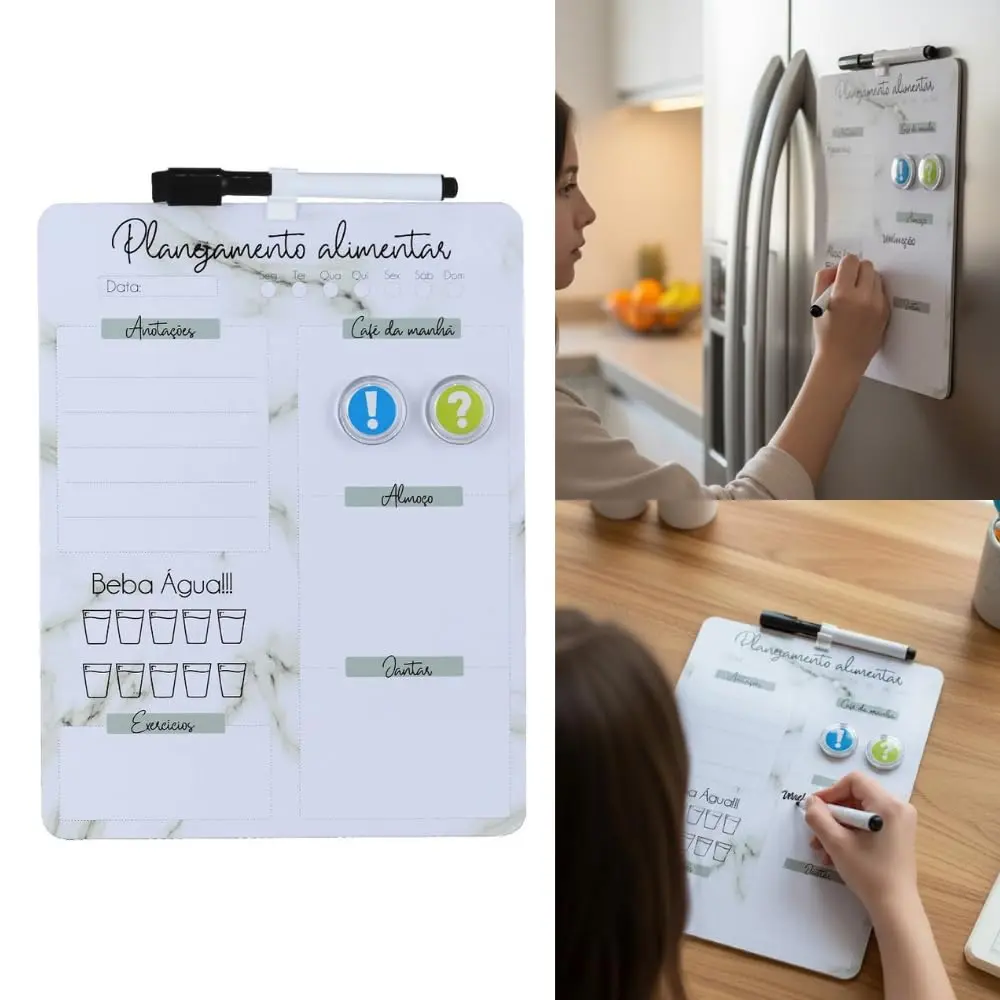 Planner Alimentar Semanal Magnético para Geladeira - Quadro Cardápio Semanal Reutilizável, Organizador de Refeições e Dieta, com Caneta, Apagador e Ímãs para Cozinha - Amel (Mármore)