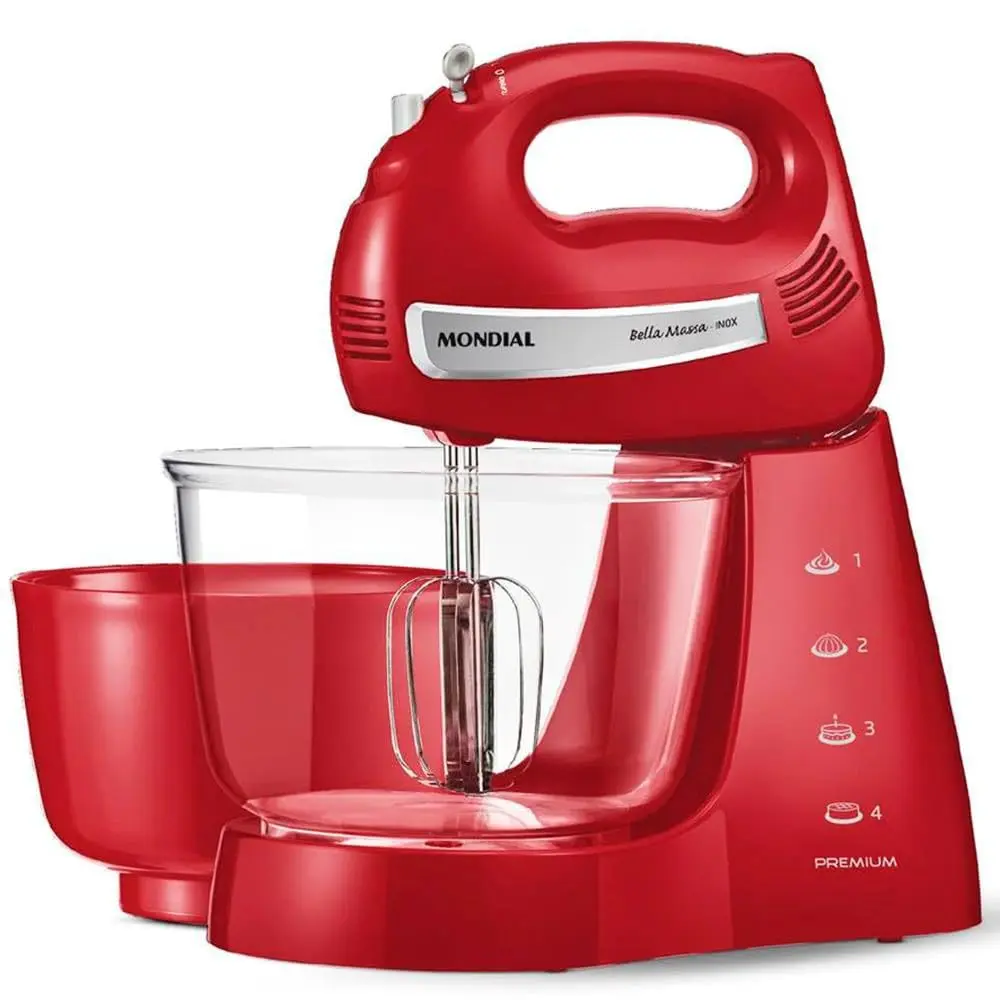 MONDIAL Batedeira Bella Massa Inox Premium, 110V, Vermelho, 400W - B-29 NP | Função Turbo
