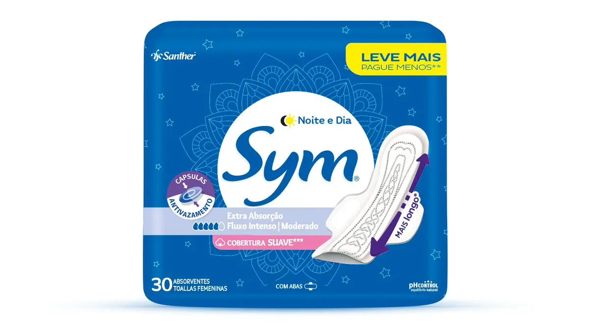 Sym Absorvente Noite&Dia Cobertura Suave Com Abas Promocional 30 Unidades