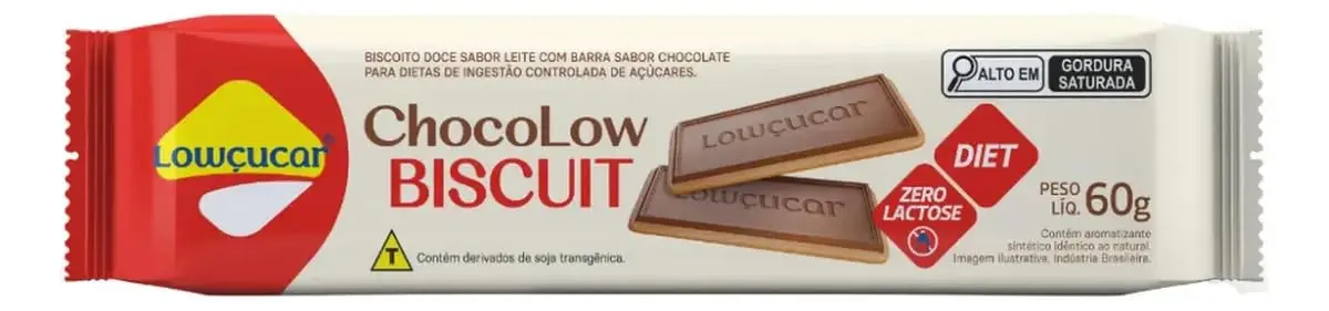 Biscoito Doce Lowçucar Sabor Leite com Barra de Chocolate Zero Açúcar, Diet - Pacote 60g