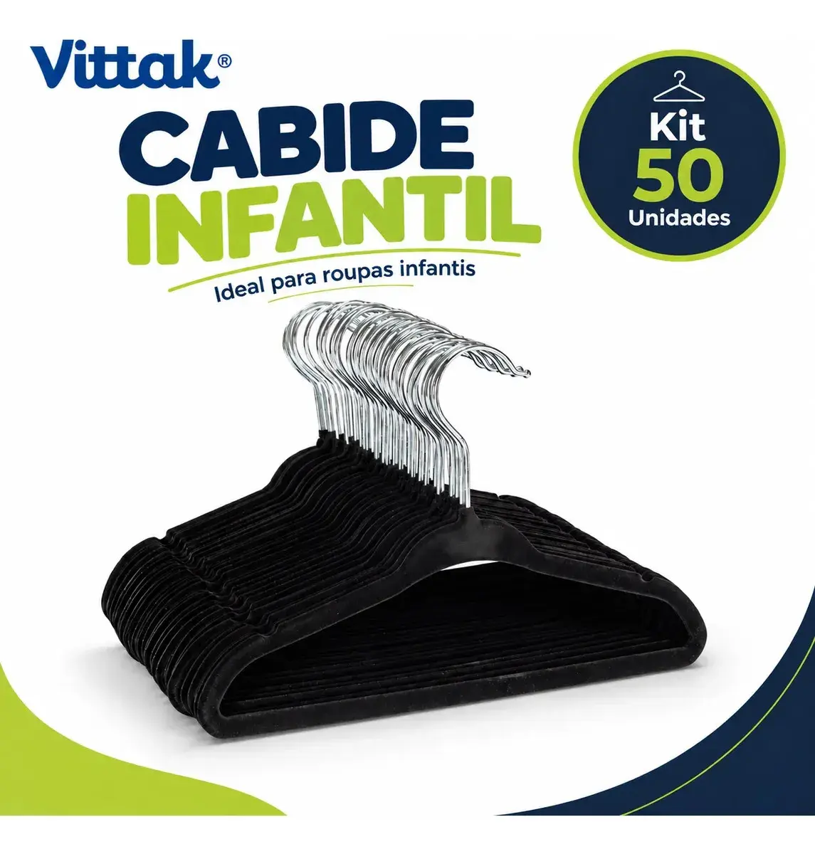 Vittak Kit 50 Cabide Infantil Veludo Slim Antideslizante Cor Preto