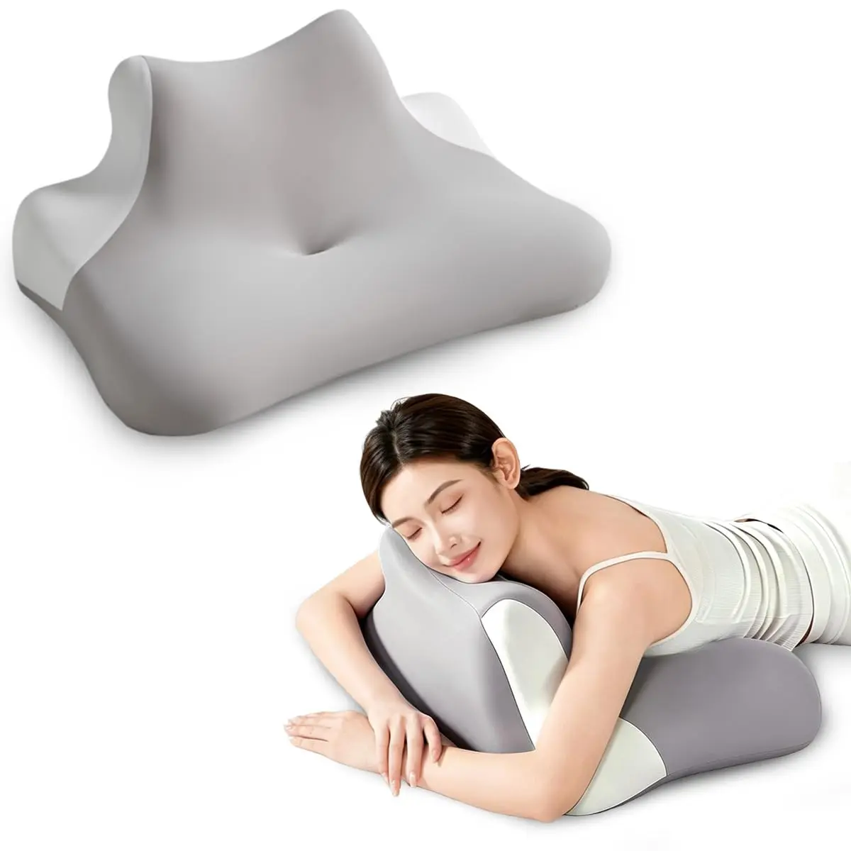 Travesseiro Ergonômico de Espuma Viscoelástica para Deitar de Rosto – Almofada Multifuncional para Dormir, Descansar e Apoiar a Cabeça com Capa Removível e Lavável (Cinza) - 1