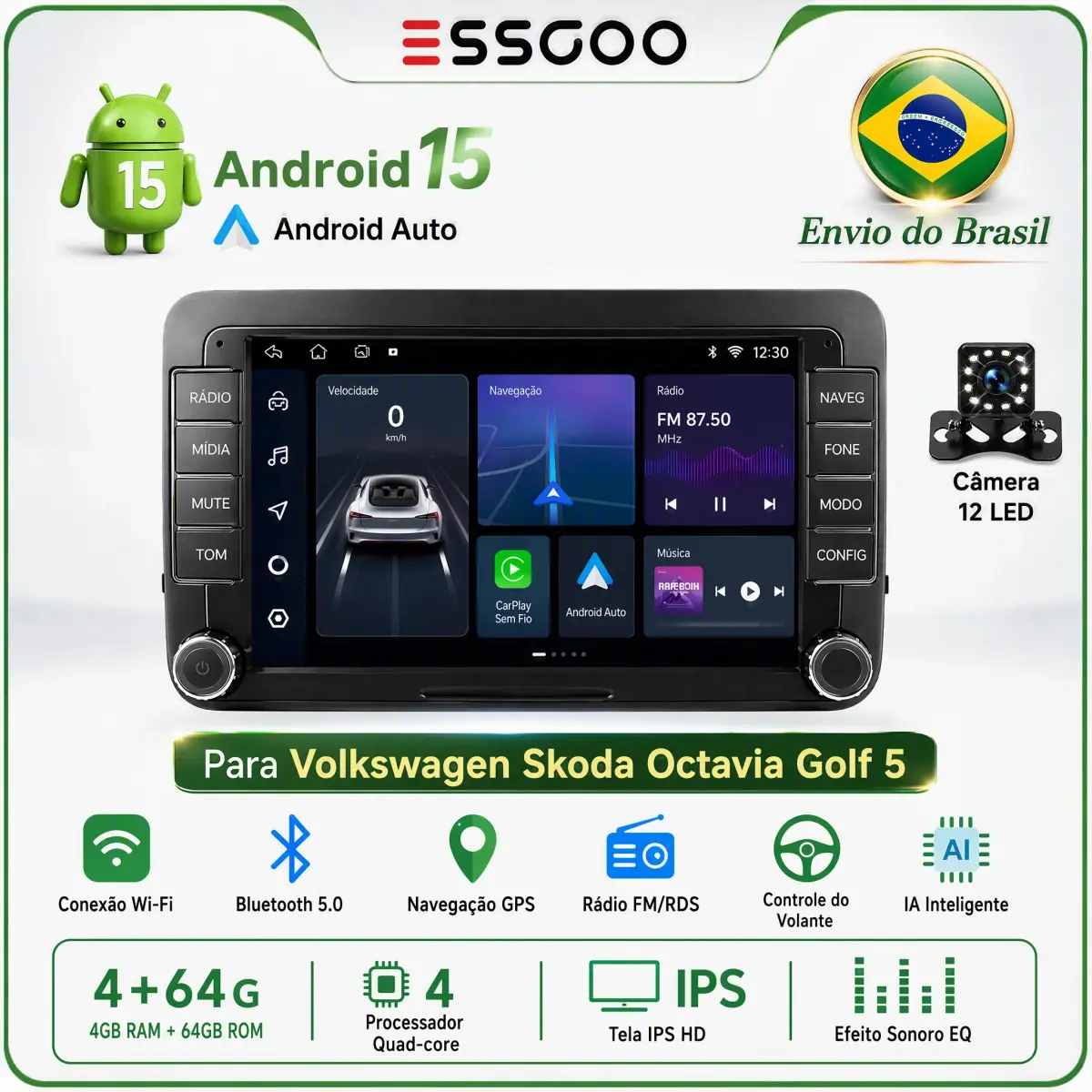 Rádio de Carro ESSGOO Android 15 Sem Fio CarPlay para VW Seat Skoda Passat 4+64G Multimídia Automotiva Vídeo Airplay Áudio Estéreo