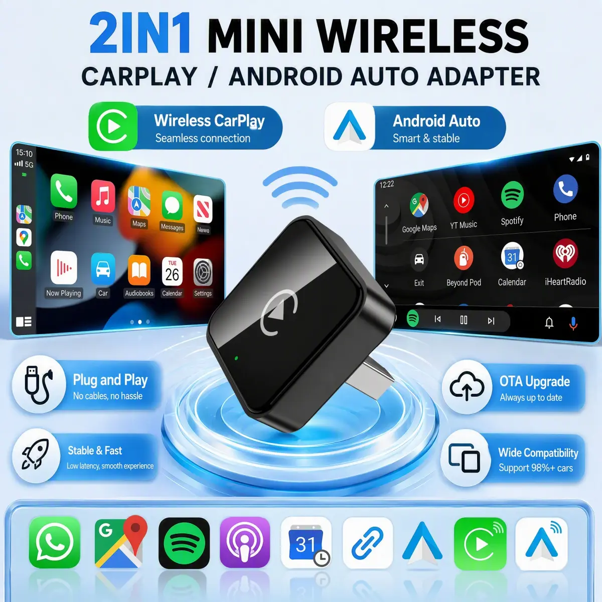 Adaptador 2 em 1 com fio e sem fio para CarPlay e Android Auto, compatível com sistemas de som originais de veículos, com entrada USB, Bluetooth, plug and play, caixa inteligente e atualização OTA para veículos Mercedes-Benz.