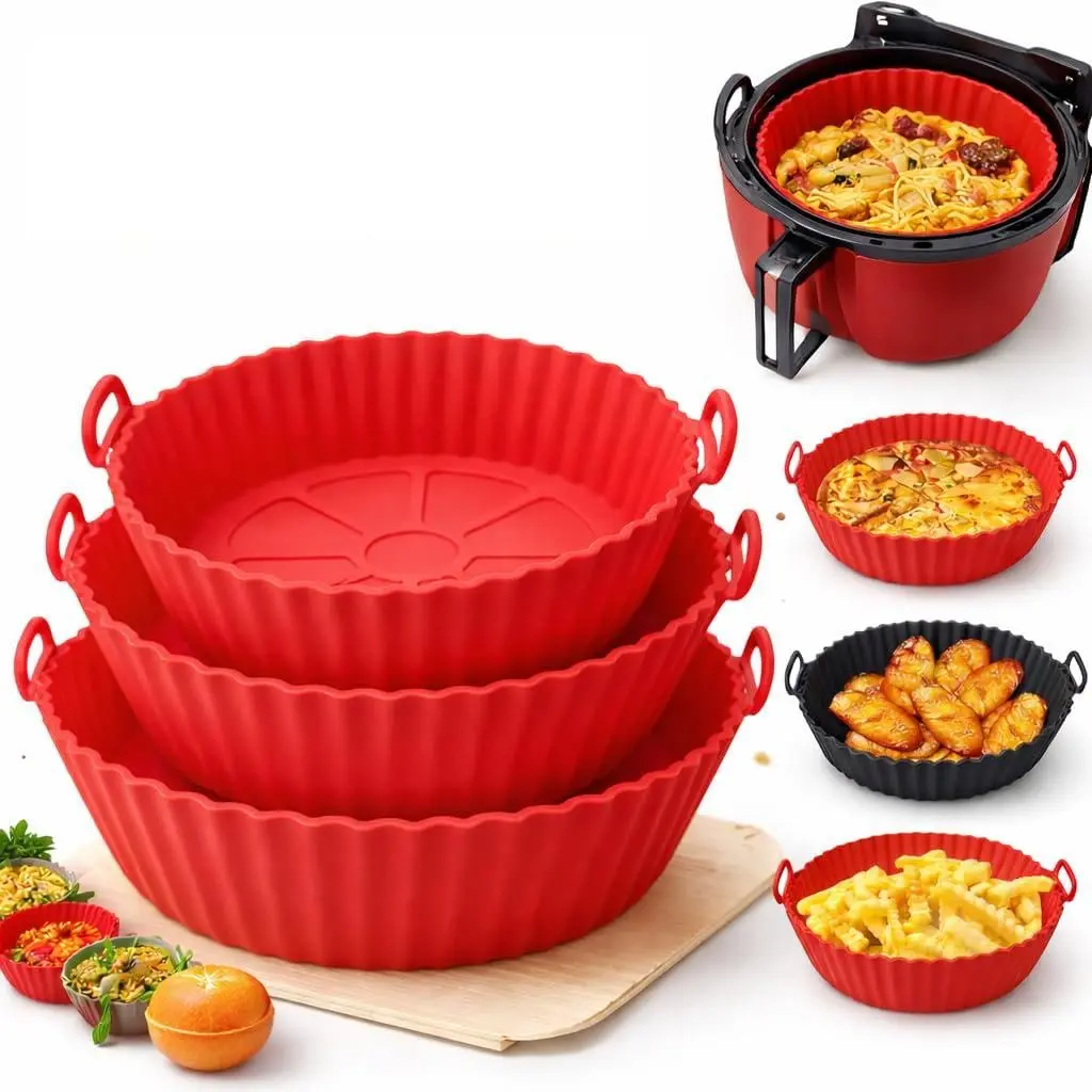 Kit com 6 Formas de Silicone Reutilizáveis para Air Fryer e Forno, Silicone Reciclável Antiaderente, Resistente a Alta Temperatura, Fácil de Lavar e Guardar (Vermelho) - 1
