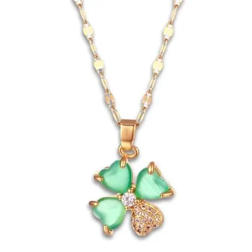 Colar Feminino Trevo de Quatro Folhas - "Emerald Hope" em Aço Inoxidável com Pedra Sintética Verde – 40cm