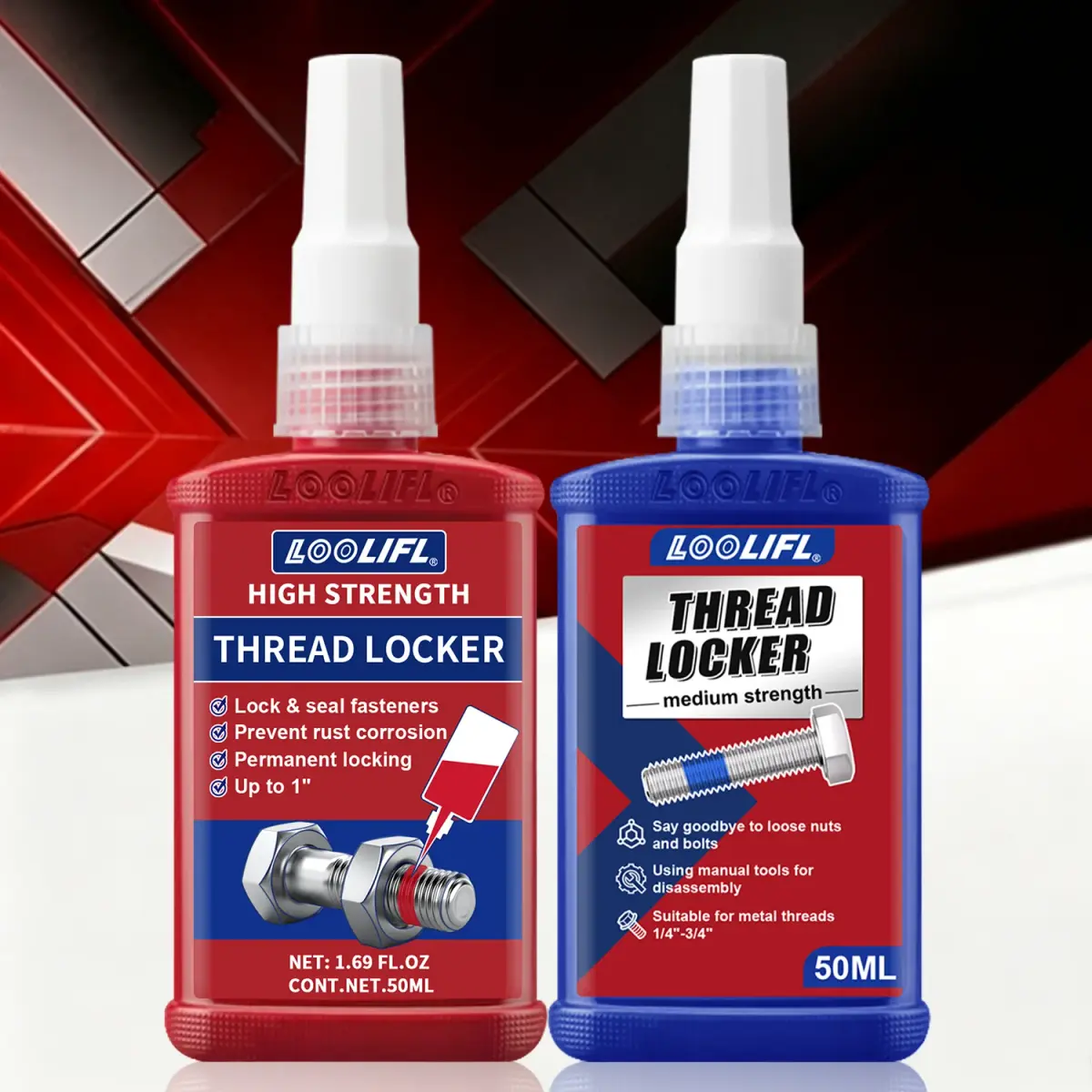 LOOLIFL Cola para Parafusos e Roscas Azul Vermelho de Alta Resistência, Selante Antidesaperto para Roscas, Adesivo de Fixação para Parafusos Metálicos 10ml 50ml - 1