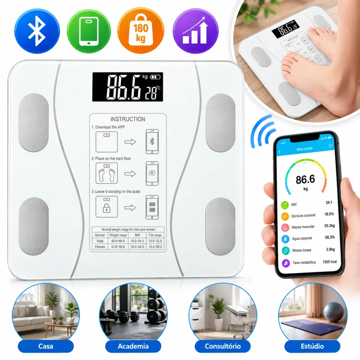 Balança Digital Corporal de Bioimpedância com APP – Mede Peso, Gordura, IMC e Mais. Conecta via App, vidro resistente, até 180k