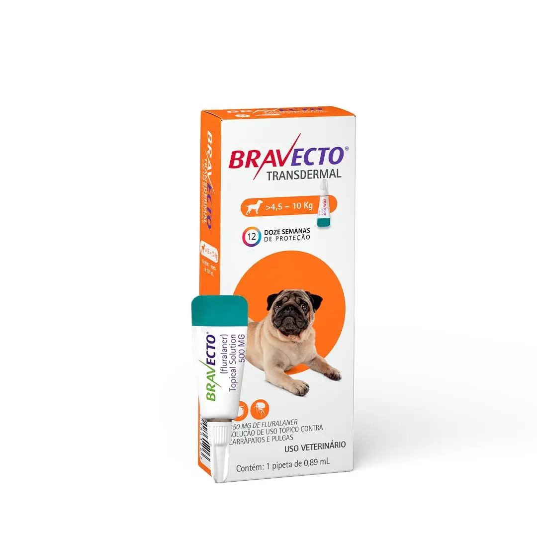 Bravecto® Cães Transdermal 250mg - Antipulgas e Carrapatos - Cães de 4,5 a 10kg - 1 Pipeta 0,89ml - MSD Saúde Animal