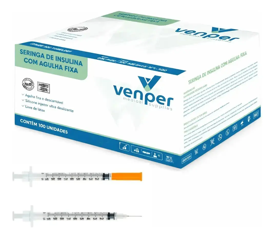 Seringa Insulina 1ml Agulha Fixa 6x0,25mm C/100 Un Venper 1 Ml
