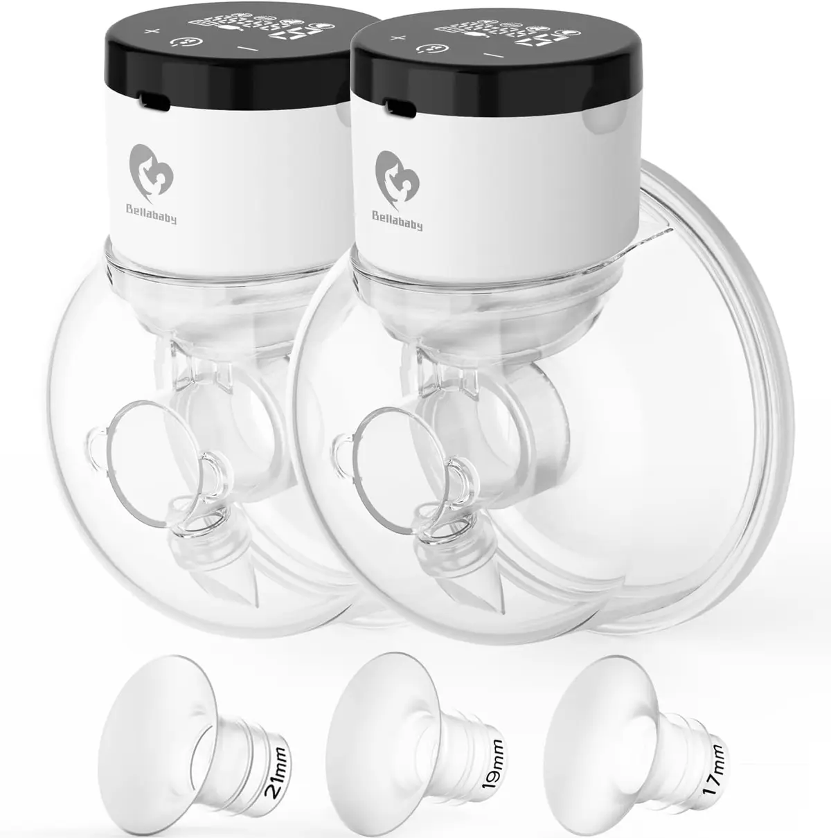 Bomba tira leite elétrica Bellababy vestível mãos-livres, bomba dupla sem fio atualizada com flange confortável, inserções de 17 mm, 19 mm e 21 mm, 4 modos e 9 níveis, bomba elétrica portátil, visor inteligente, 24 mm, pacote com 2 unidades