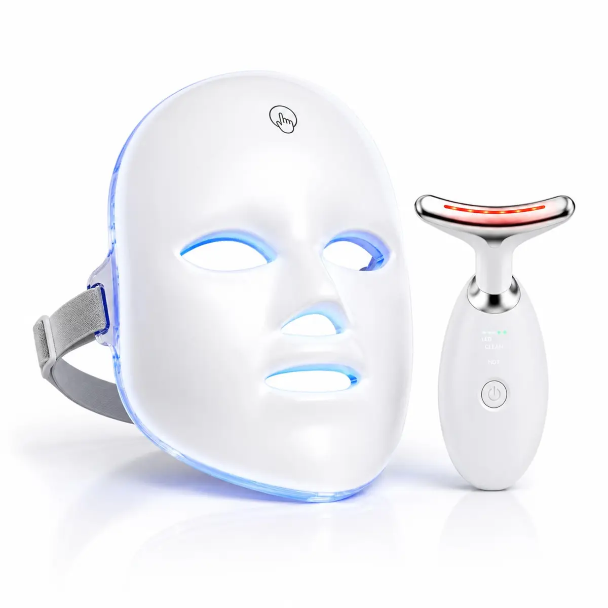 Kit Máscara LED Facial 7 Cores Fototerapia 90 LEDs + Massageador Facial LED Vibratório Recarregável – Skincare Anti-Rugas, Acne e Rejuvenescimento em Casa