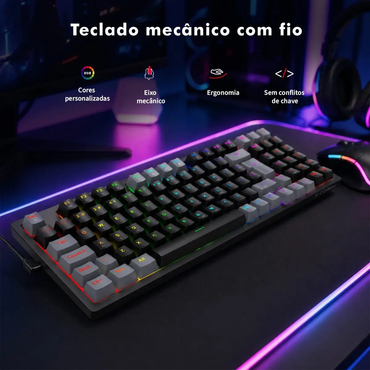 Teclado Mecânico com Fio RGB 95 Teclas Hot-Swap Eixo Vermelho Design Compacto Ergonômico Suporte a 20 Modos de Luz USB para PC
