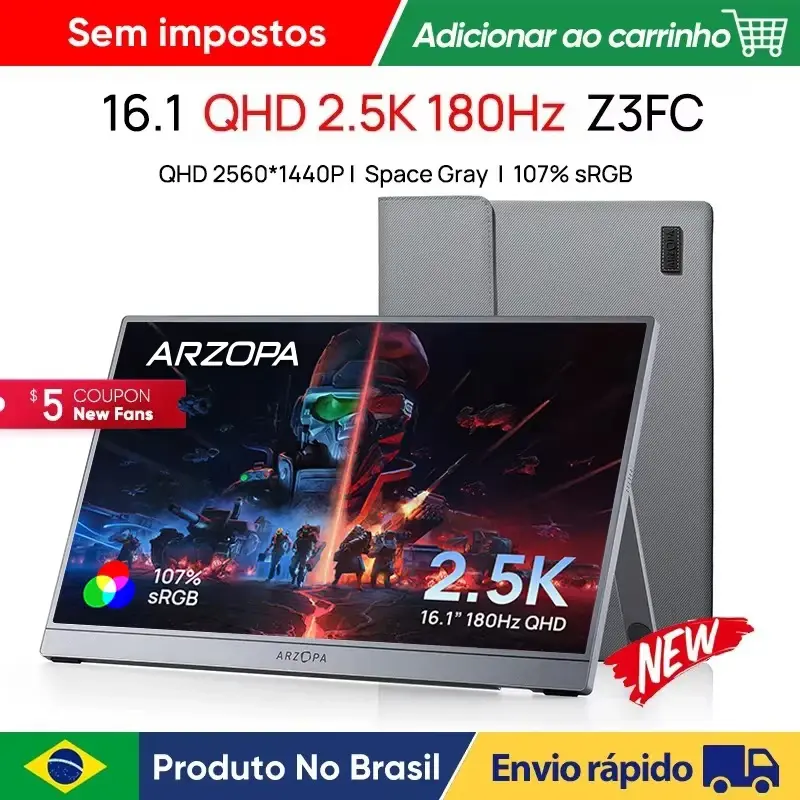 [NOVO] Monitor Portátil ARZOPA de 16,1 Polegadas 2.5K 180Hz 2560x1440 16:9 107% SRGB 400cd/m2, Cinza Espacial, com Bolsa de Armazenamento, Z3FC - 1