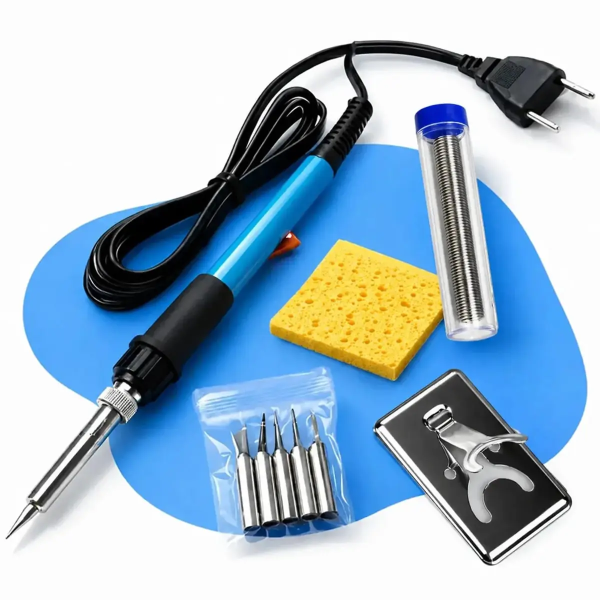 Kit Ferro de Solda Profissional 60W Ajustável 110/220V, Estação de Solda Completa com 6 Pontas, Suporte, Esponja, Estanho e Fluxo para Eletrônica, Reparos e DIY (220.0, Volts)