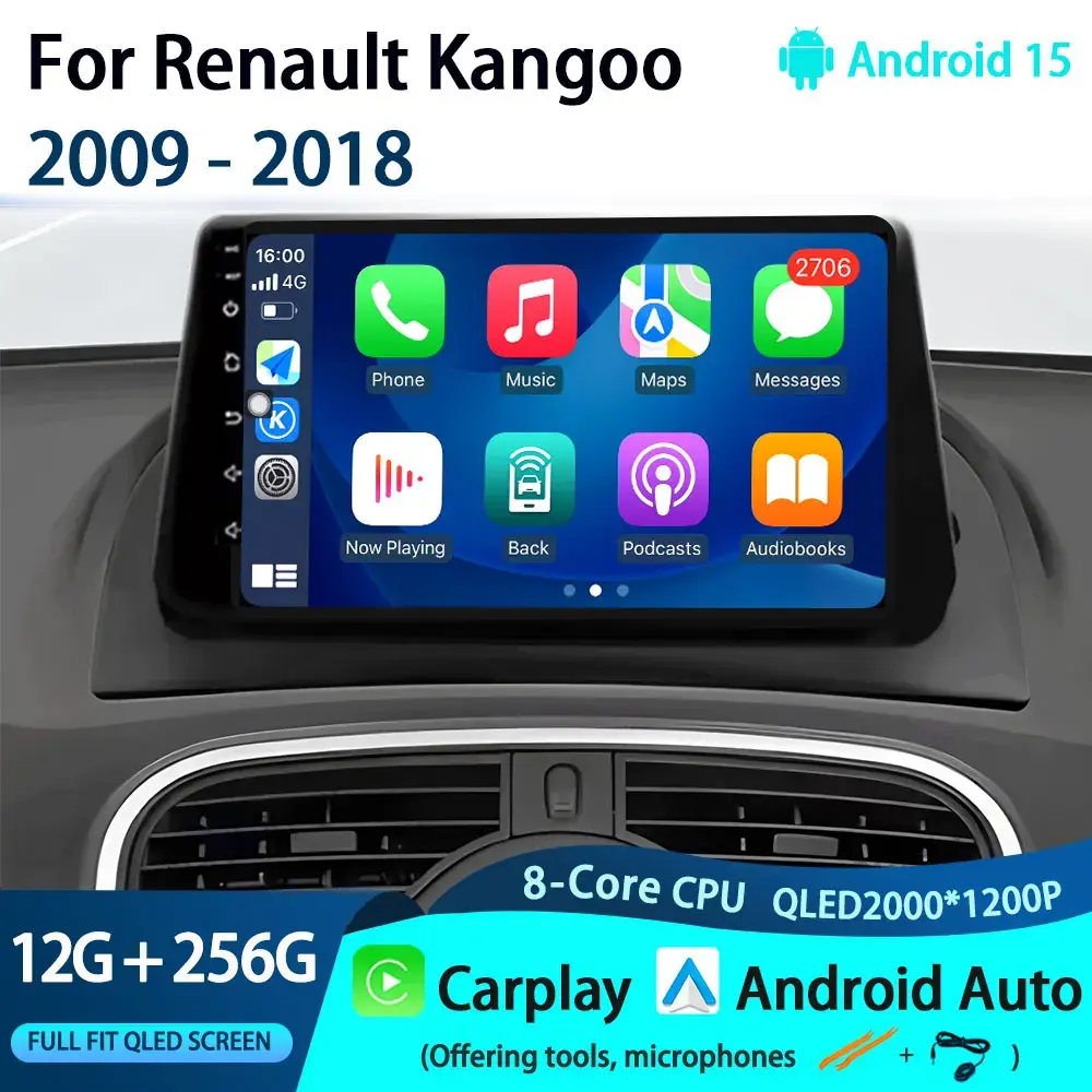 Rádio automotivo carplay para renault kangoo 2009 - 2018 navegação gps reprodutor multimídia android auto estéreo sem 2din android 15 - 1