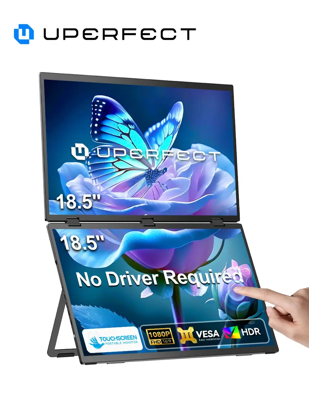 Monitor empilhado UStation Δ / Delta Plus Touchscree Laptop com tela dupla dobrável sem necessidade de unidade Tela IPS de 18,5 "FHD 100 Hz com USB C Mini HDMI Suporte de ajuste para PC Mac Phone Steam Decks Gaming