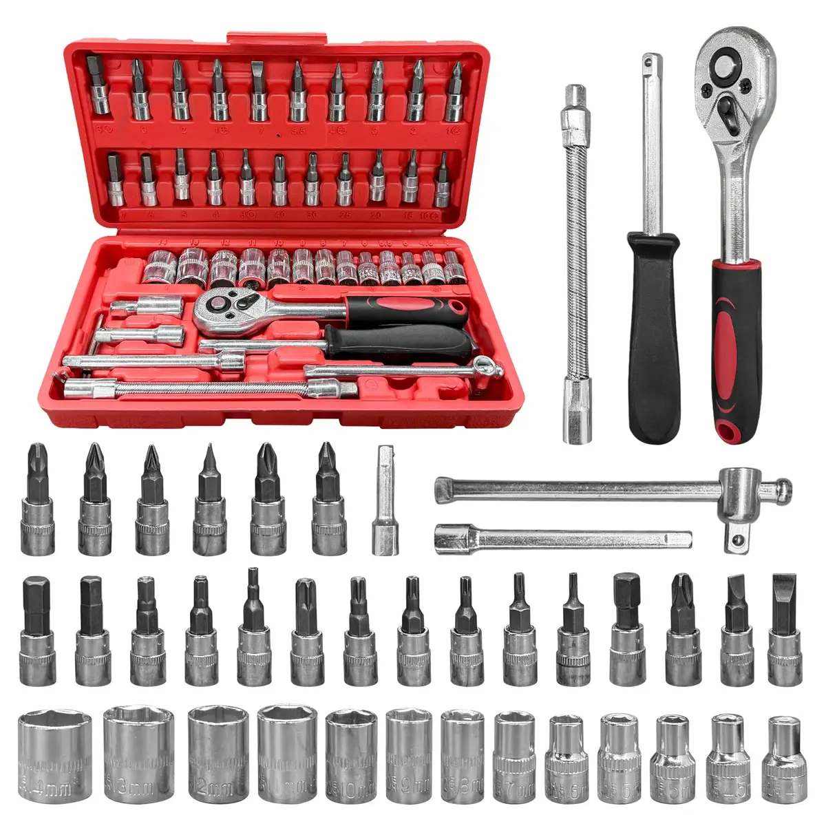 Conjunto com 46 Chaves Catraca 1/4'', Soquete de 4-14 mm, com Conjunto de Soquete Métrico e Haste de Extensão para Reparo de Automóveis e uso Doméstico, com Estojo de Armazenamento