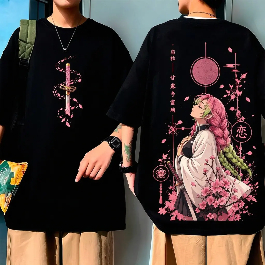 Camiseta Unisex de Alta Qualidade, Design com Estampa da Mitsuri Kanroji de Demon Slayer, detalhes de flores de cerejeir