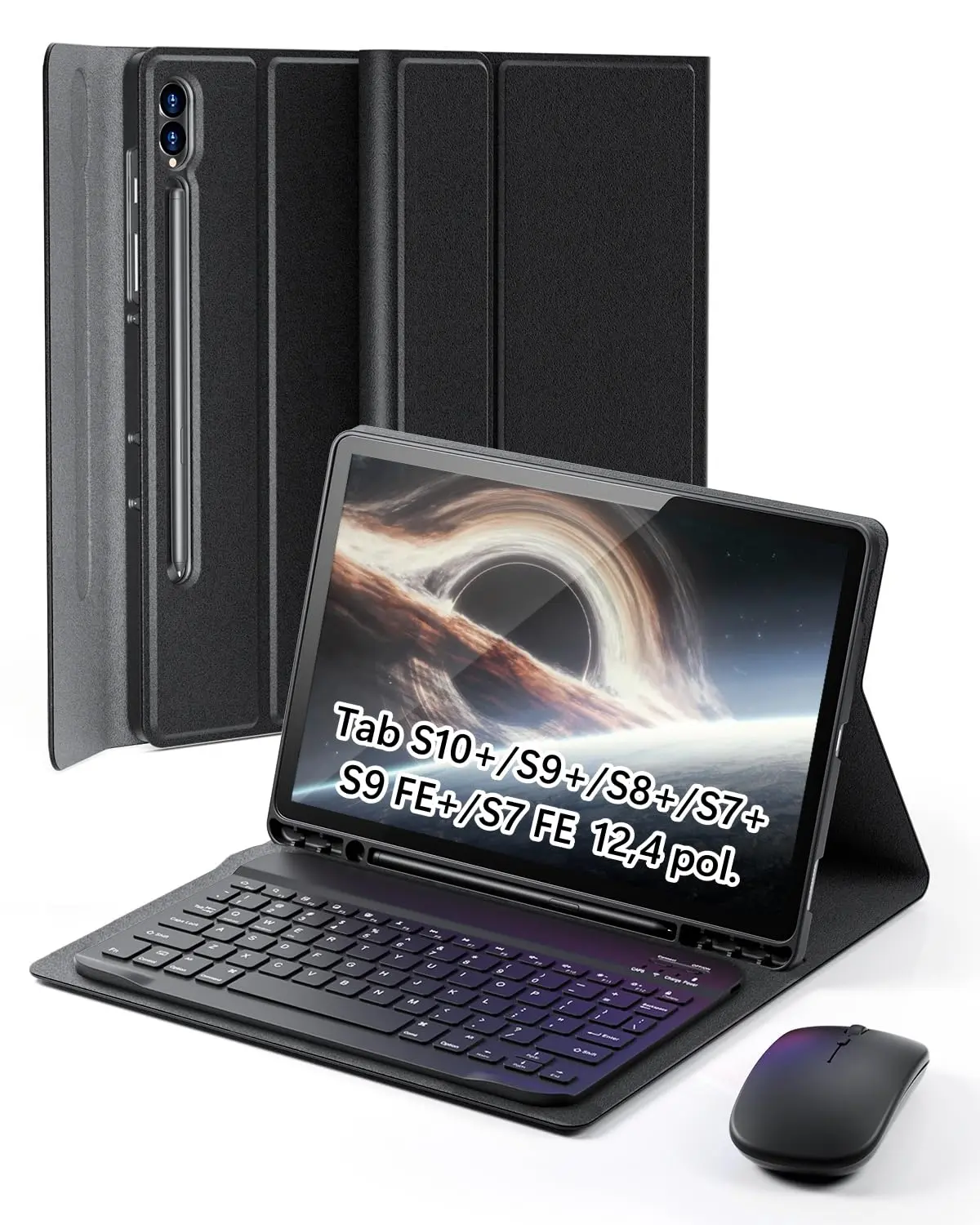 Capa Teclado para Samsung Galaxy Tab S10+ e S9 FE+ e S9+ e S8+ e S7 FE e S7+ (Plus) 12,4 polegadas Capinha [ suporte para Lápis embutido ] com [ Mouse ] - Preto - 1
