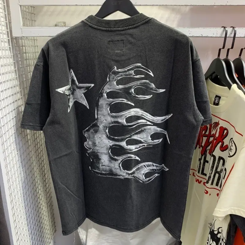 High Street Hellstar New Vintage Wash Old Print Hip Hop Casual Camiseta De Manga Curta Com Gola Redonda Casal 06