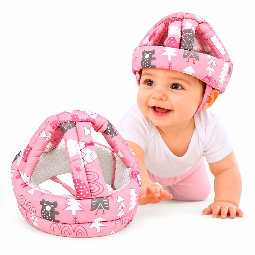 Protetor de Cabeça Bebê Anticolisão Capacete Ajustável Macio Premium Rosa | Almofadado, Circunferência Ajustável de 40cm a 45cm, Para Engatinhar e Caminhar, Tiras de Fixação, Estampado, Resistente
